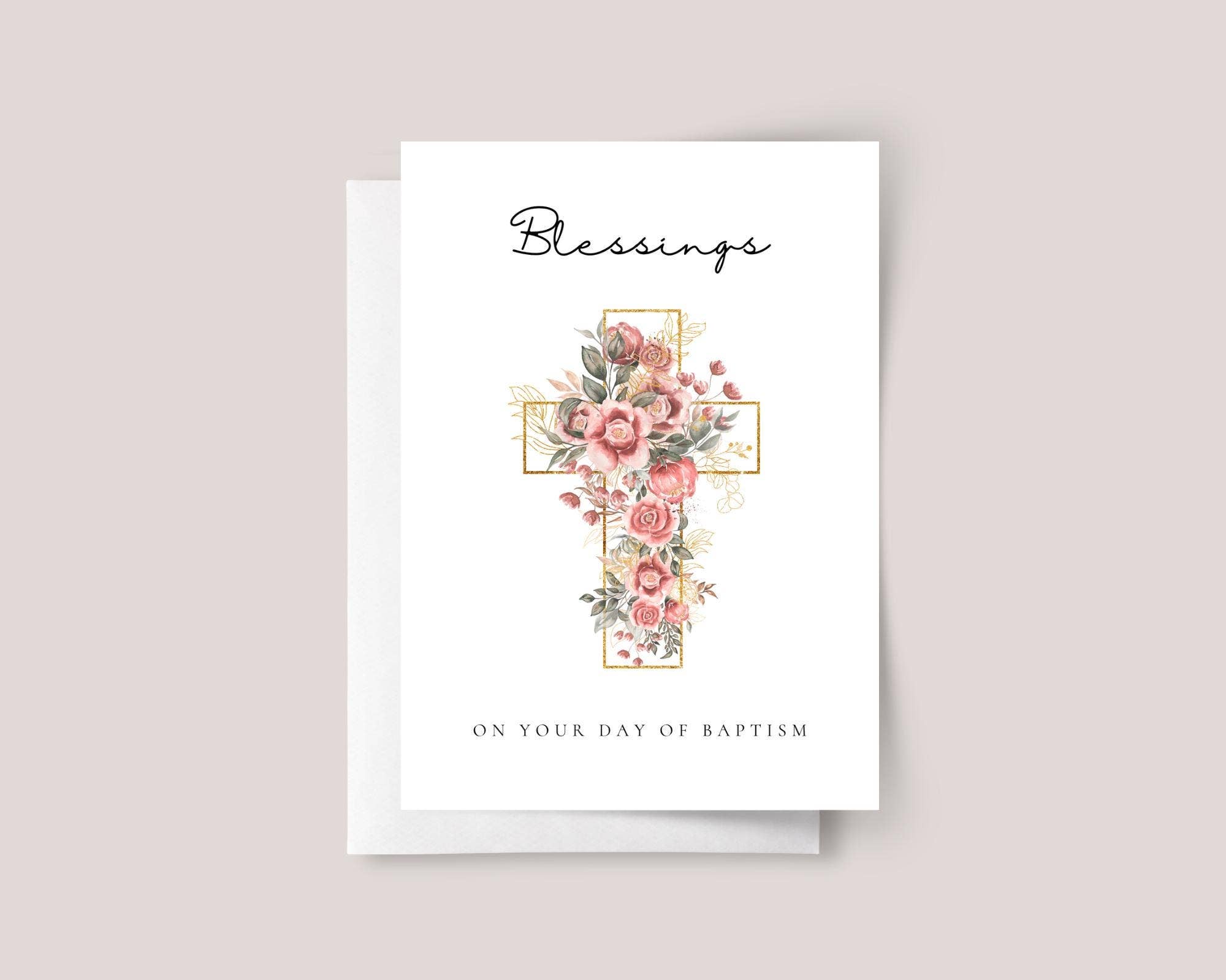 Design Sprinkles - Vente Cartes bébé - Carte de baptême avec croix et fleurs roses pour bébé fille0