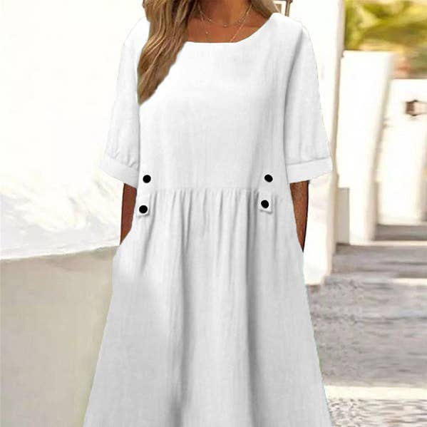 Loose Buttoned Round-Neck Midi Dress with A-Line Cut and Pleated Pockets for wholesale by FurDecoration