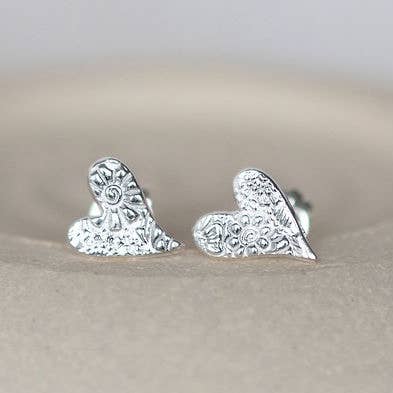 Lucy Kemp Jewellery - Wholesale Stud/post earrings - Sterling Silver Textured Tilted Heart Studs1