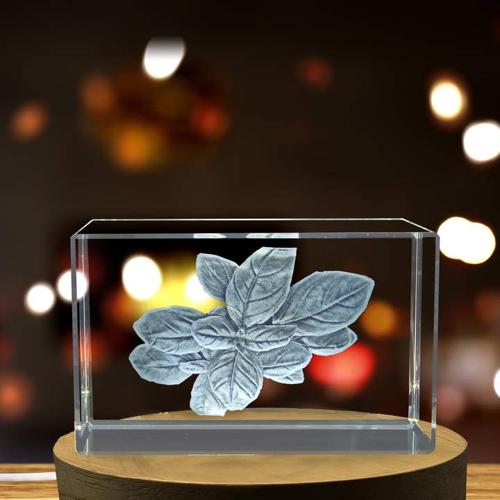 AB Crystal Collection – wholesale Decorative tabletop object – Aroma of Basil Engraved Crystal Decor Sculpture for Herb Garden and Home