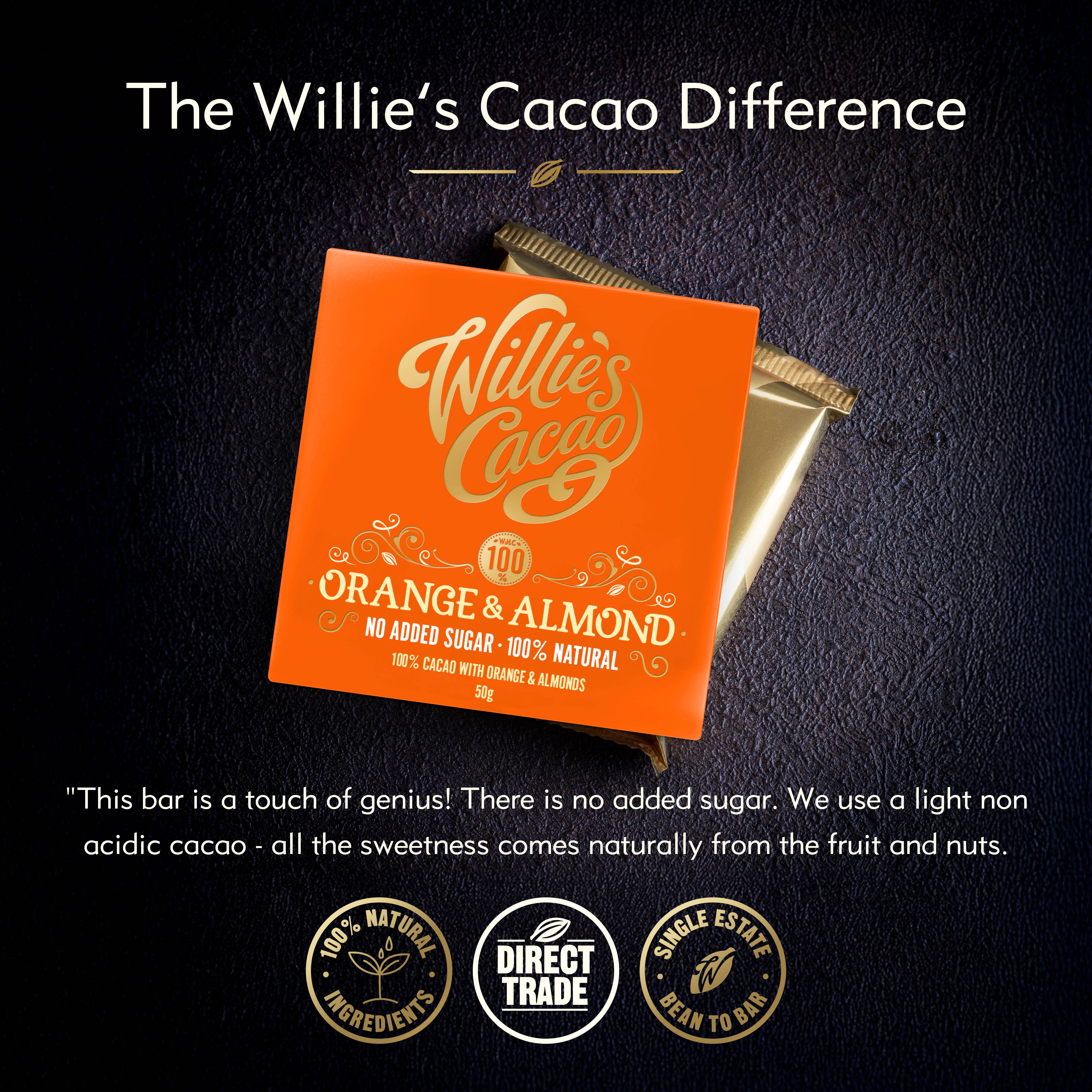 Willie's Cacao – wholesale Chocolate bar – Orange & Almond. 100% cacao. No Added Sugar. Vegan. 50g bar1