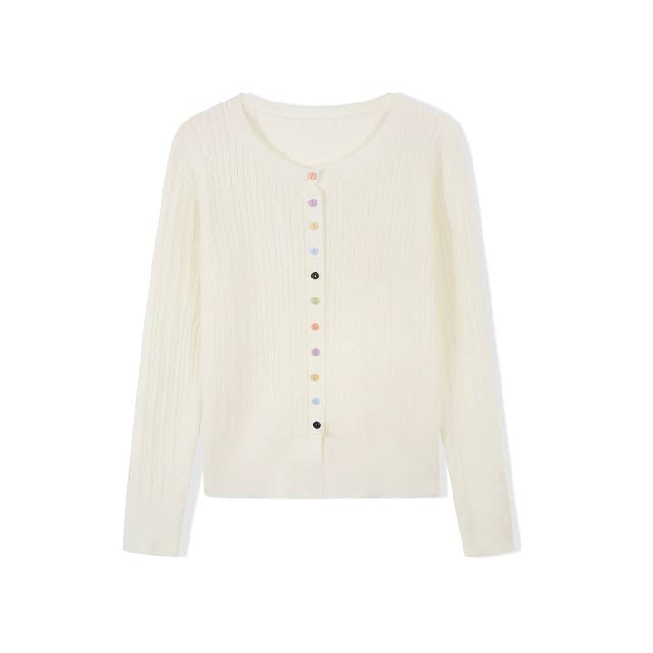Cardigan en maille fine torsadée avec multi-boutons en blanc cassé pour la vente par Last True Angel