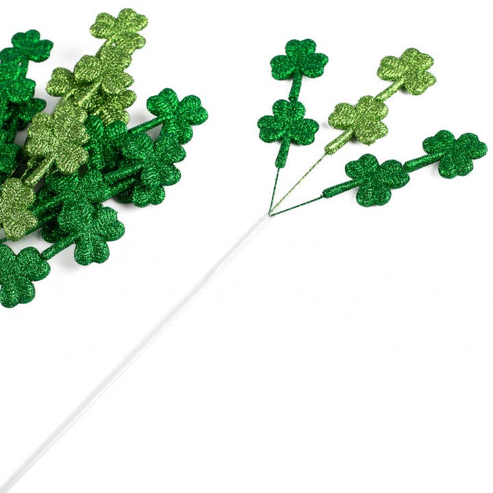St Patrick's Day Glitter Shamrocks Pick (Pack of 6 stems) for wholesale by Factory Direct Craft