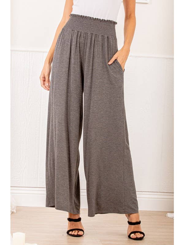 HEIMISH - Wholesale Pants - Women's - SP1123-10 FOLD OVER WIDE LEG SOLID PANTS WITH SMOCKED AND SI2