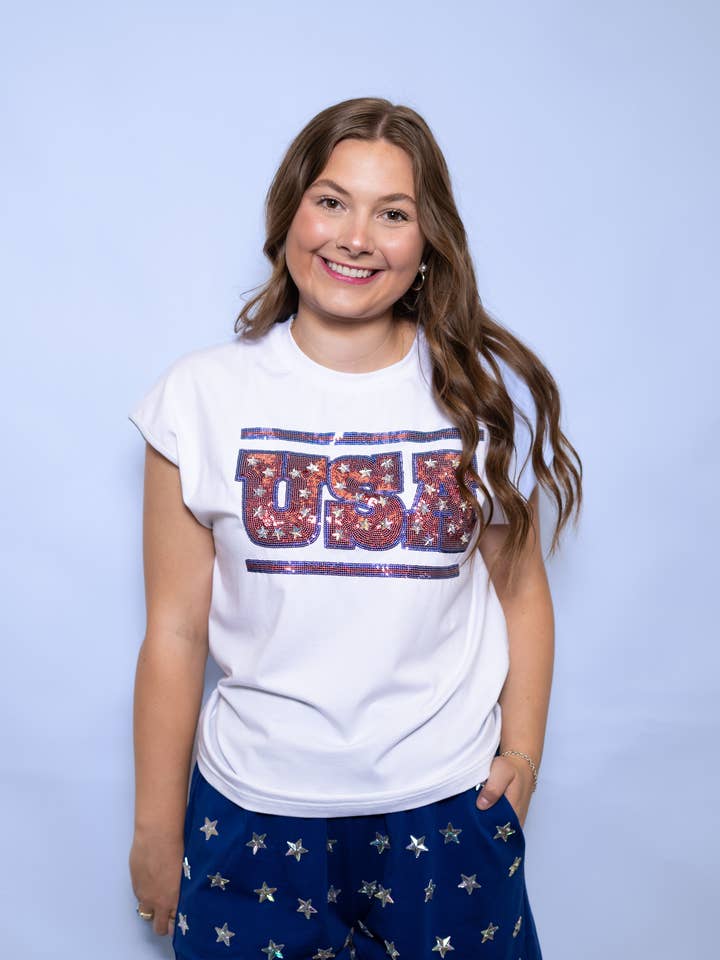 USA | Women's Sequin & Jeweled 2 Pc Set (Red, White & Blue) for wholesale by BOMB DESIGNS