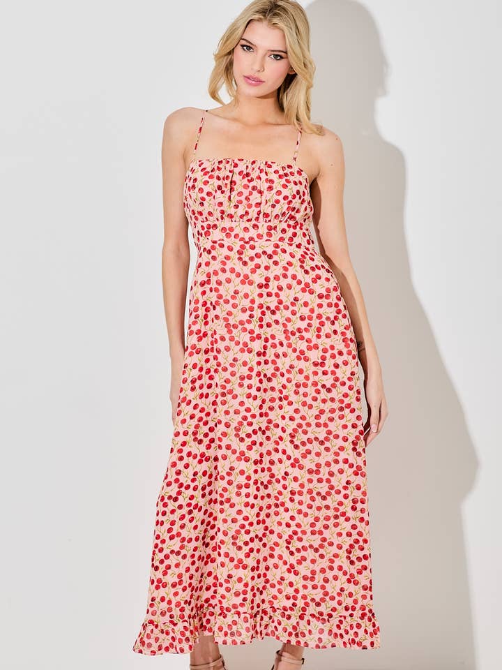 VESTIDO MAXI DE ALÇAS FINAS COM ESTAMPA DE CEREJA por atacado de Baevely by Wellmade USA