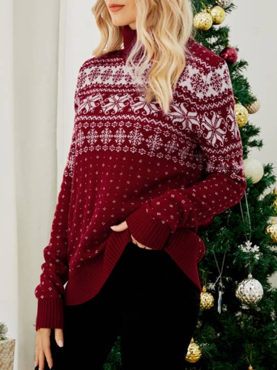 Rosa Clothing - Wholesale Knit Top - Women's - Christmas Red Turtleneck Snowflake Jacquard Knitted Top