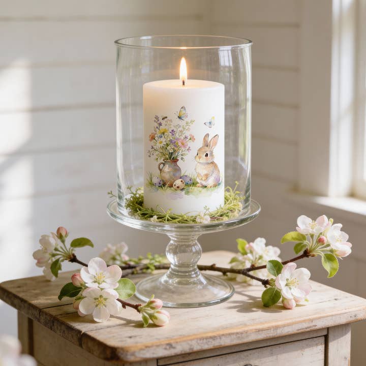 Easter Bunny and Wildflowers Decorative Pillar Candle for wholesale by Designs by Michaela