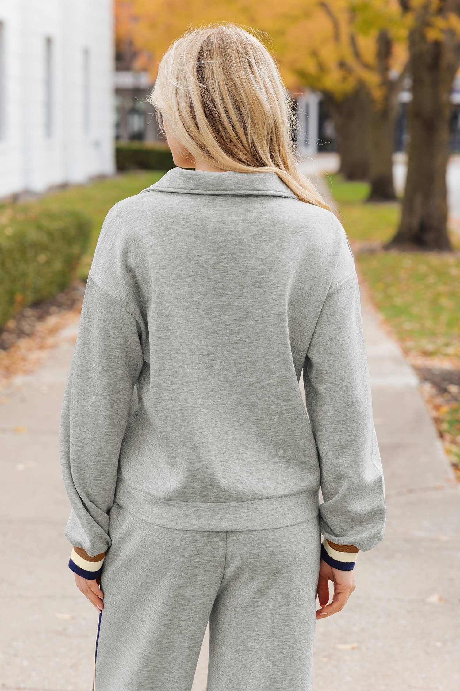 Aapparella - Wholesale Lounge Set - Women's - Striped Trim Zip Collared Pullover 2pcs Lounge Set | S-XL6