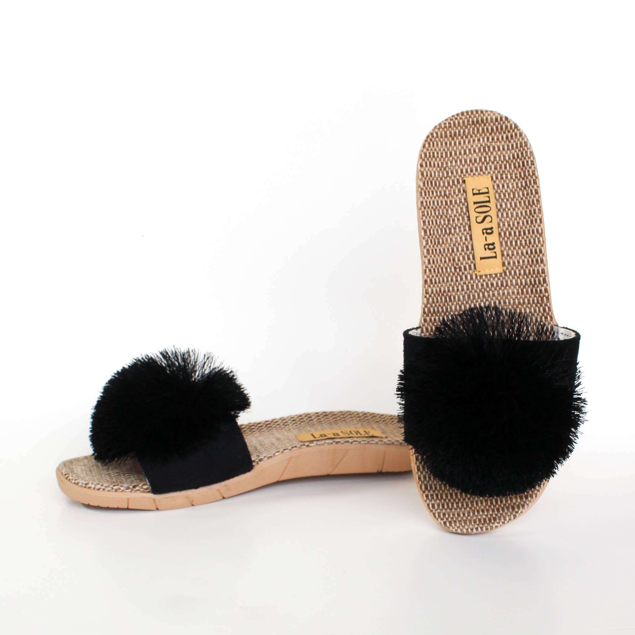 La-a SOLE - Vente Claquettes – femme - Slides Pom Pom – Noir | Sandales d'été à enfiler pour femmes1