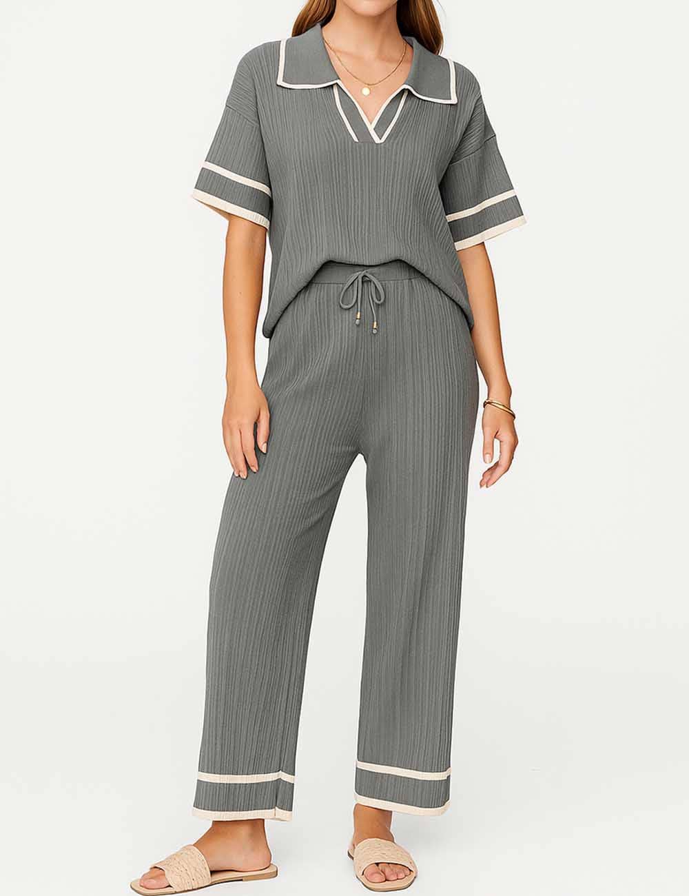 Sweetkama - Wholesale Lounge Set - Women's - Ladies Color Block Polo Collar Knit Top & Pants 2PCS Set13