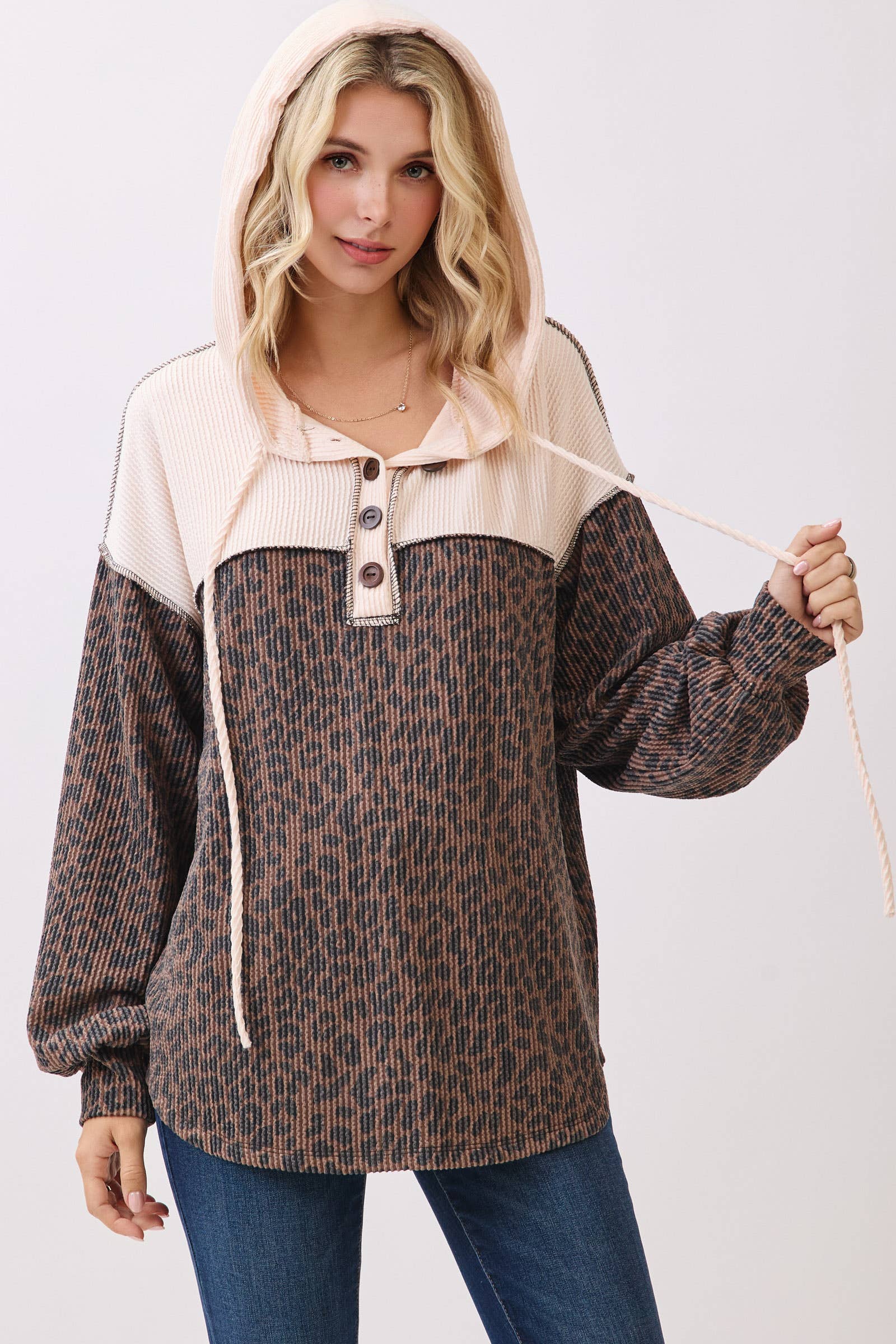 7th Ray - Wholesale Hoodie - Women's - Leopard Print Button Front Drawstring Hoodie T611510