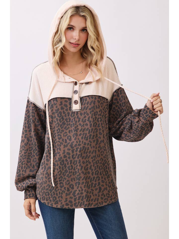 7th Ray - Wholesale Hoodie - Women's - Leopard Print Button Front Drawstring Hoodie T611510