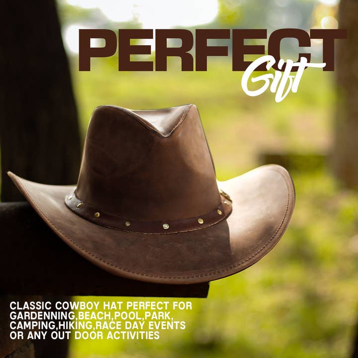 Hadzam - Wholesale Cowboy Hat - Unisex - Unisex Brown Shapeable Wide Brim Western Leather Cowboy Hat