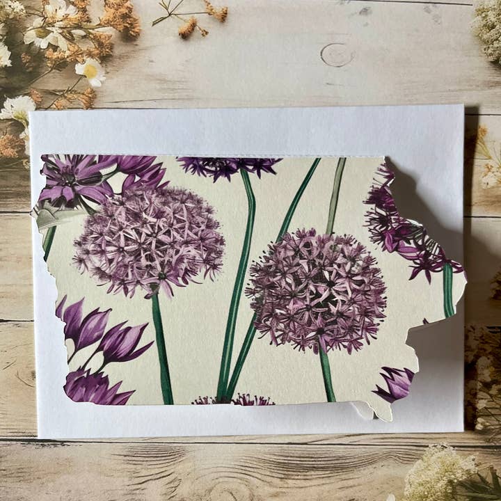 Iowa Paper Farm - Wholesale Everyday Greeting Card - Iowa Shaped Card with allium flowers single card 1