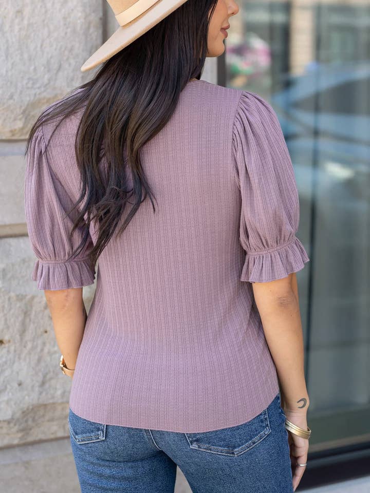 Scoop Neck Puff Sleeve Top In Mystic Purple for wholesale on Faire4
