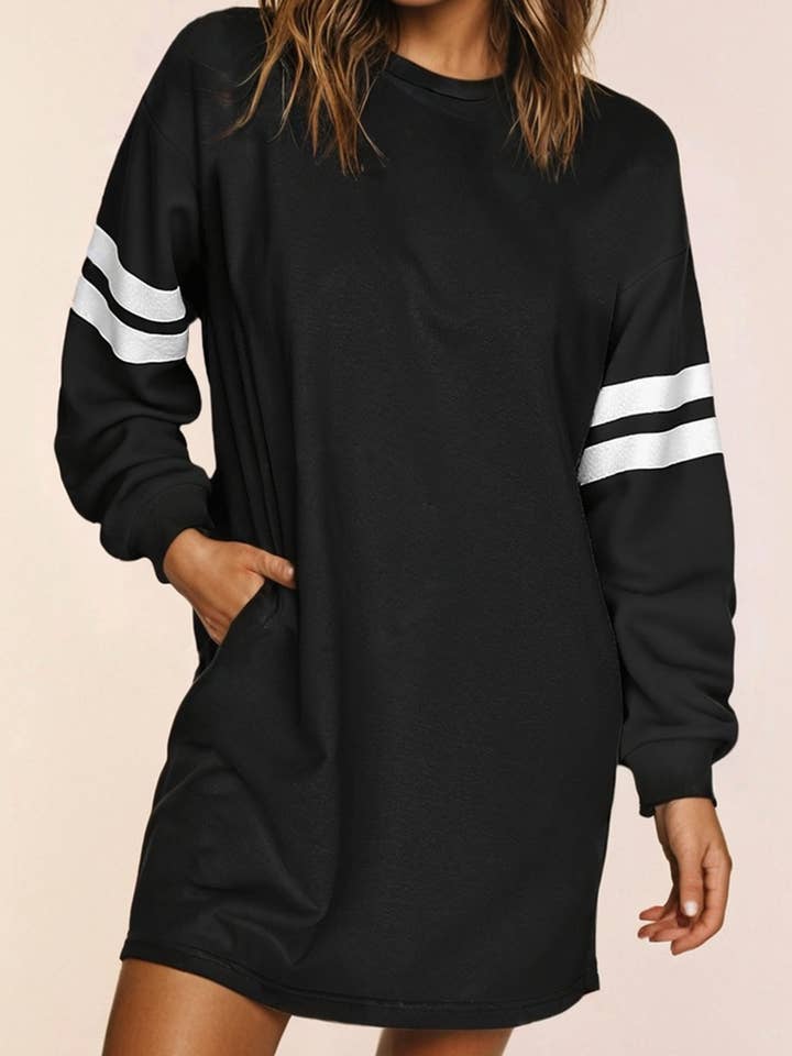 Varsity Contrast Banded Sleeve Shift Sweatshirt Fall Dress for wholesale by LA Society