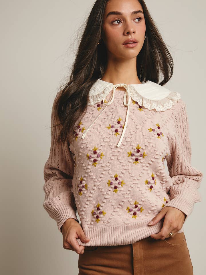 Embroidered Puff Sleeve Knit Sweater FSW0007 for wholesale by Forte