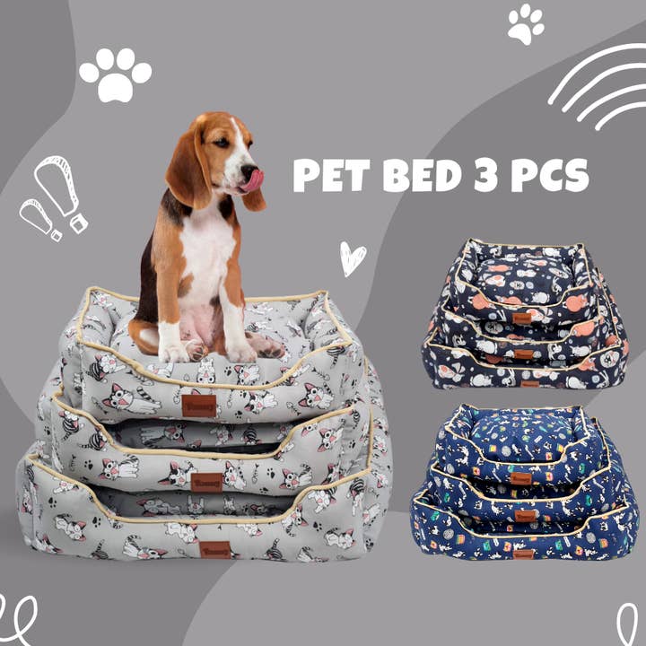 3 Pcs Linen Dog Bed With Cat Print (2 Colors) for wholesale by Amomi