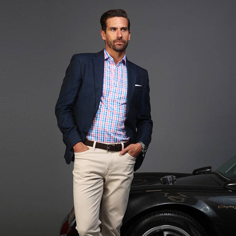 Collars & Co. - Wholesale Polo - Men's - Semi-Spread Collar Polo Nantucket Blue and Pink Gingham2