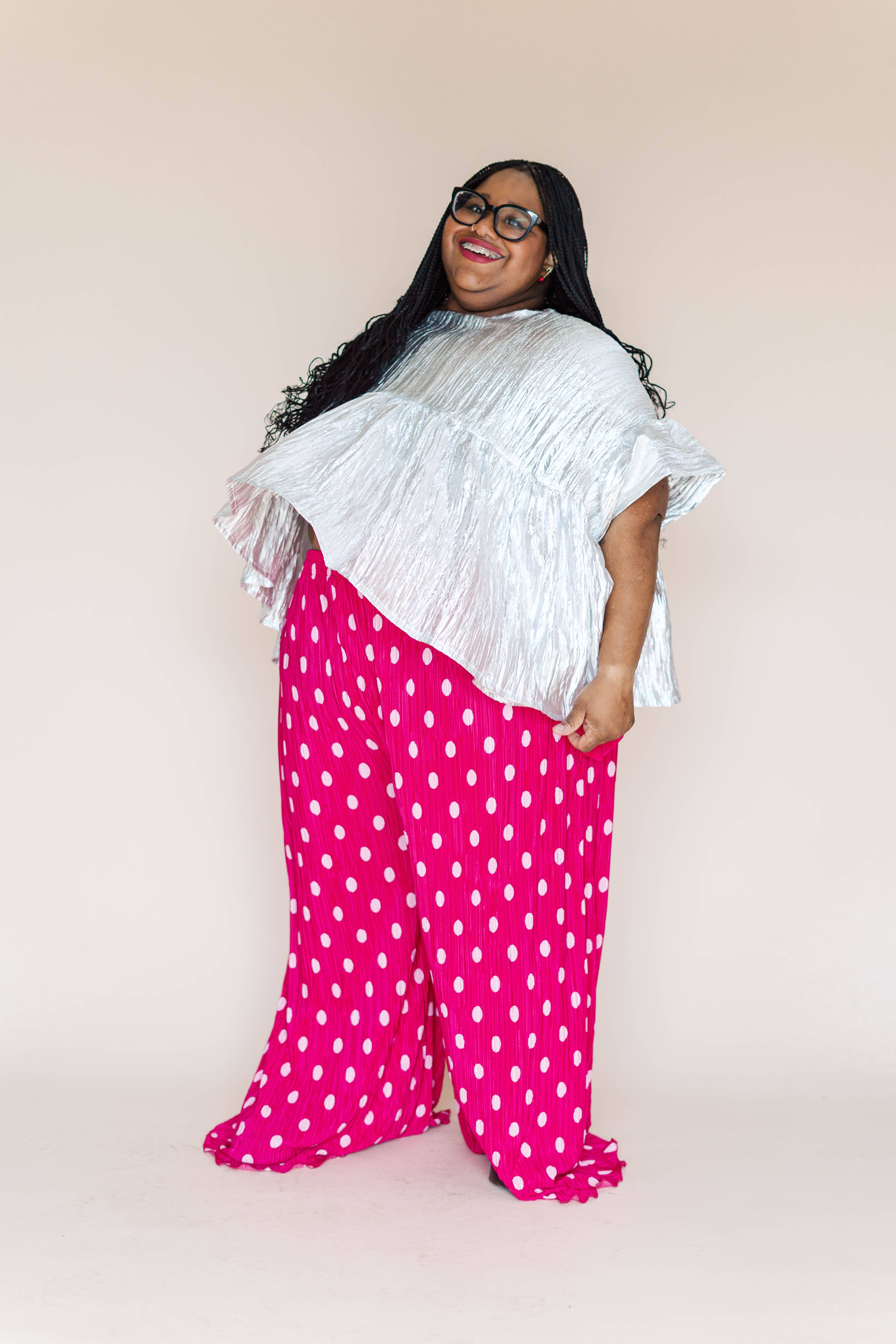 Nettle Studios - Wholesale Pants - Women's - Size Inclusive Hot Pink & White Polka Dot Pleated Flare Pant5
