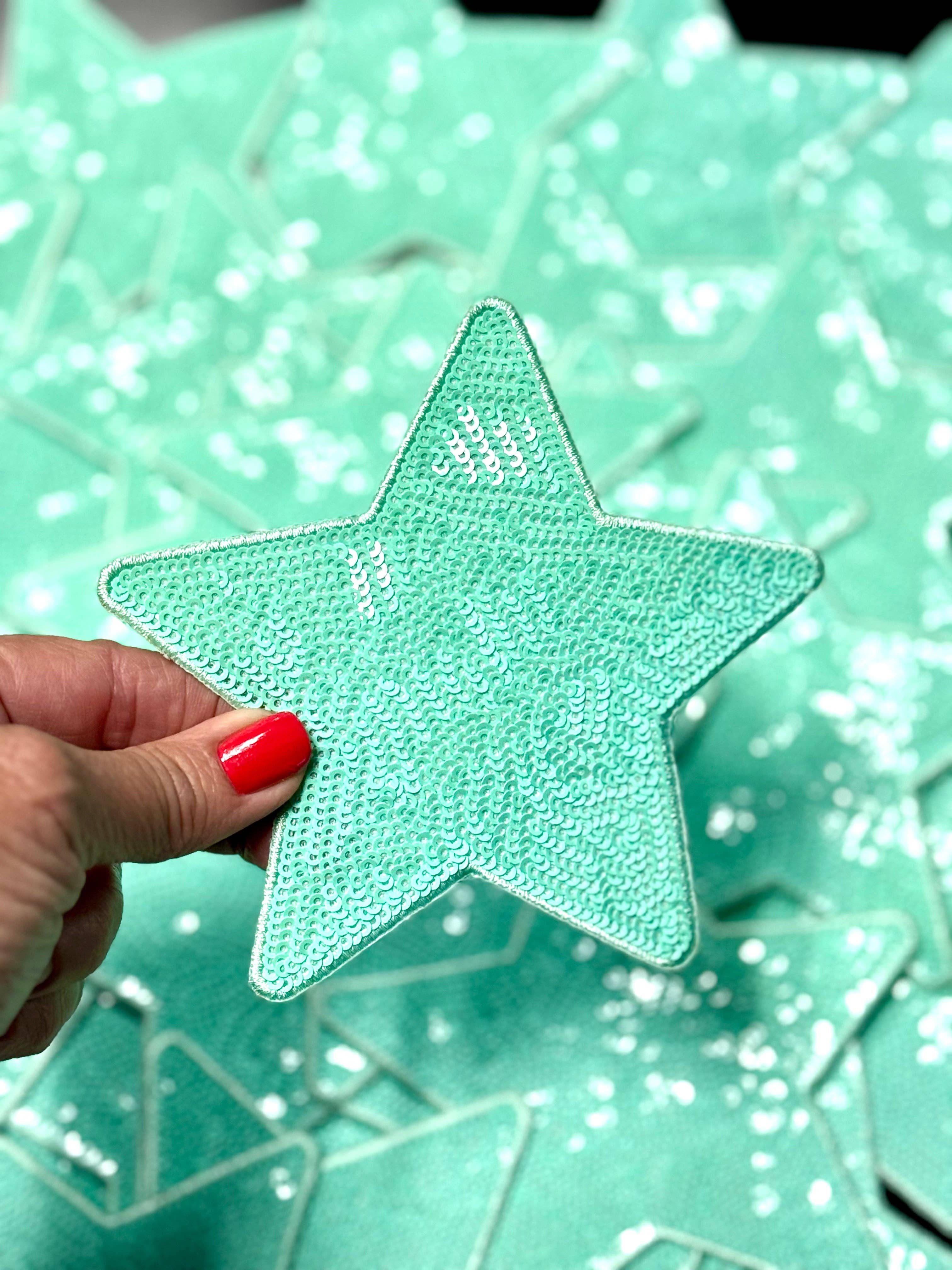 sequinandstiches - Venta al por mayor Parches - Parche con forma de estrella con lentejuelas, parche con forma de estrella de lentejuelas turquesa de 5 pulgadas, parche termoadhesivo, bricolaje, parche turquesa para sombrero de camionero, parche preppy a la moda, estrella de lentejuelas1