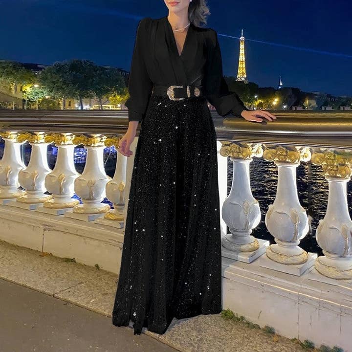 Plush Looks - Wholesale Top & Pant Set (NOT Loungewear) - Women's - Sequin Wide Leg Pants Suit With V-Neck Long Sleeve Shirt