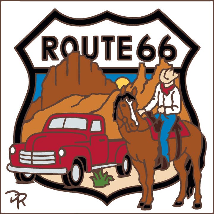 Route 66 Cowboy and Vintage Pickup Truck Tile (9284W) for wholesale by Earthtones Tile