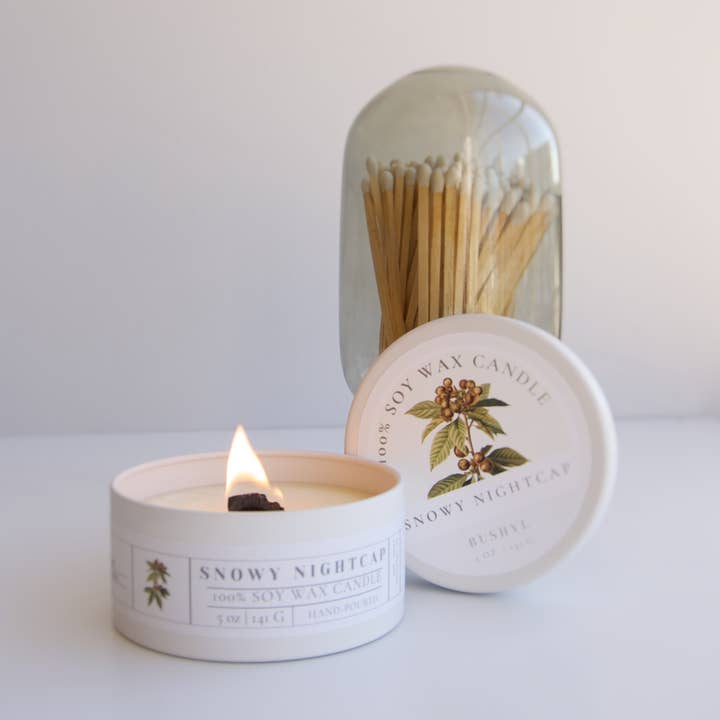 Snowy Nightcap 100% Soy Candle Tin for wholesale by Bushyl