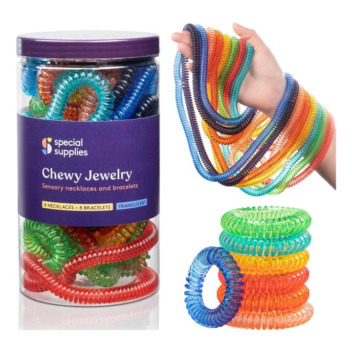 Special Supplies Chewy Jewelry Sensory Translucent Necklaces and Bracelets, 16 Pack, Soft and Flexible Silicone, Interactive Stress and Anxiety Relief for Kids, Supports ADD, ADHD, Autism for wholesale by Special Supplies