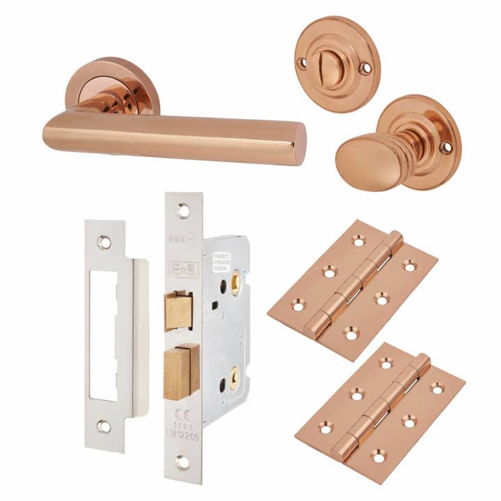 Emily Lever Door Handle - Bathroom Lock Kit - Polished Copper for wholesale by Diybasket