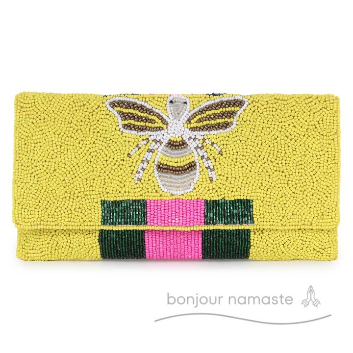 Handmade Beaded Bee Embroidery Designer Clutch for wholesale by Bonjour Namaste