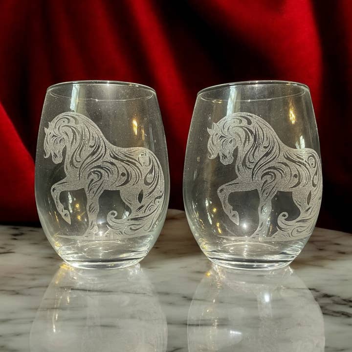 Etched glassware with Artistic Horse design, wine or rocks for wholesale by The Krafty Equestrian
