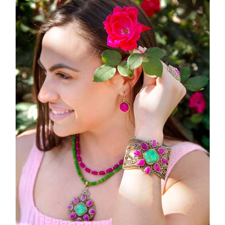 Barse Jewelry - Wholesale Pendant/charm necklace - Madeira Lime Green and Pink Agate Statement Pendant Necklace1