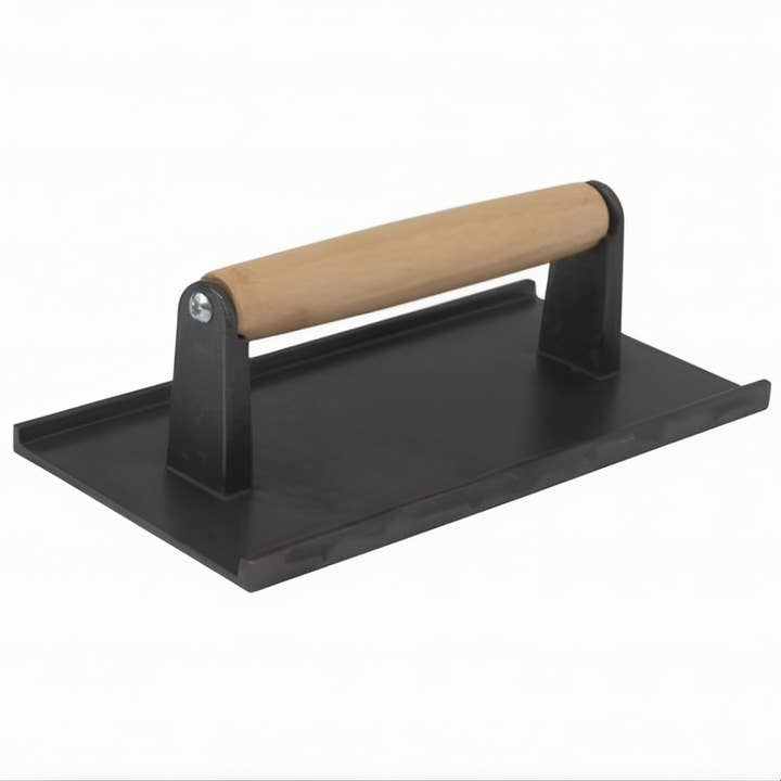 Steak Weight, 4-3/8" x 8-3/4", Waffle Patterned, Cast Iron with Hardwood Handle for wholesale by EcoQuality