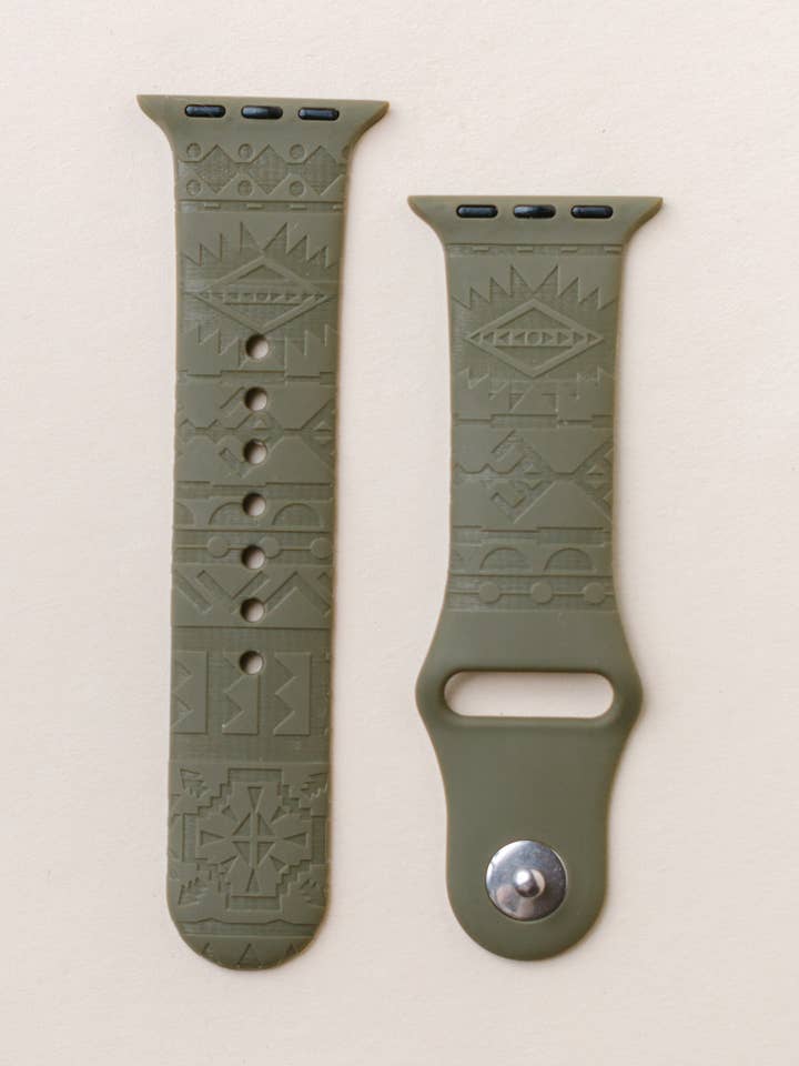 Engraved Silicone Apple Watchband Aztec Design for wholesale by Fox and Fiddle Designs
