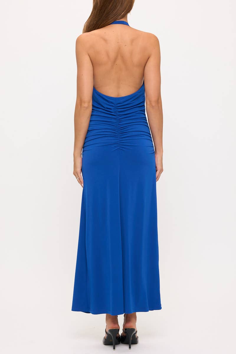 Blue Made in USA Halter Jersey Maxi Dress w Ruched Back for wholesale on Faire3