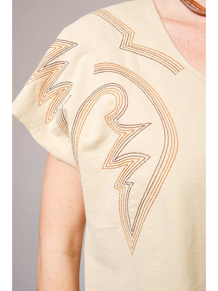 WASHED TAUPE 23539T - Dolmen Boots Stitch V Neck French Terry T Shirt for wholesale on Faire3