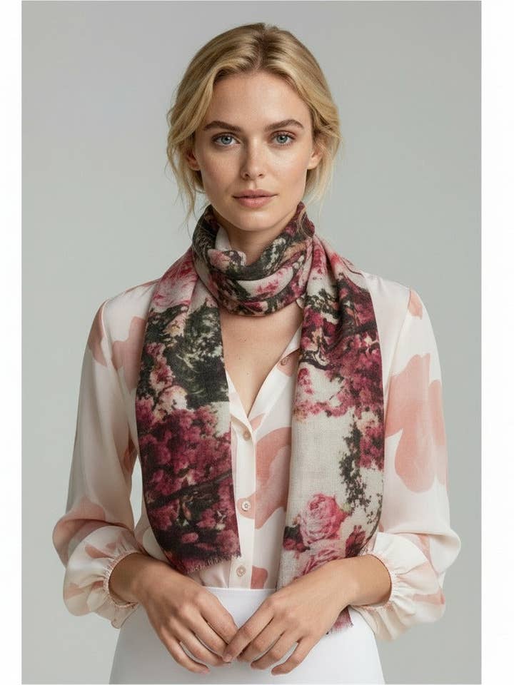 Parisian Blossom Architectural Scarf – Modal Silk Designer Wrap | Vintage Bicycle & Eiffel Print for wholesale by Namaskar Australia