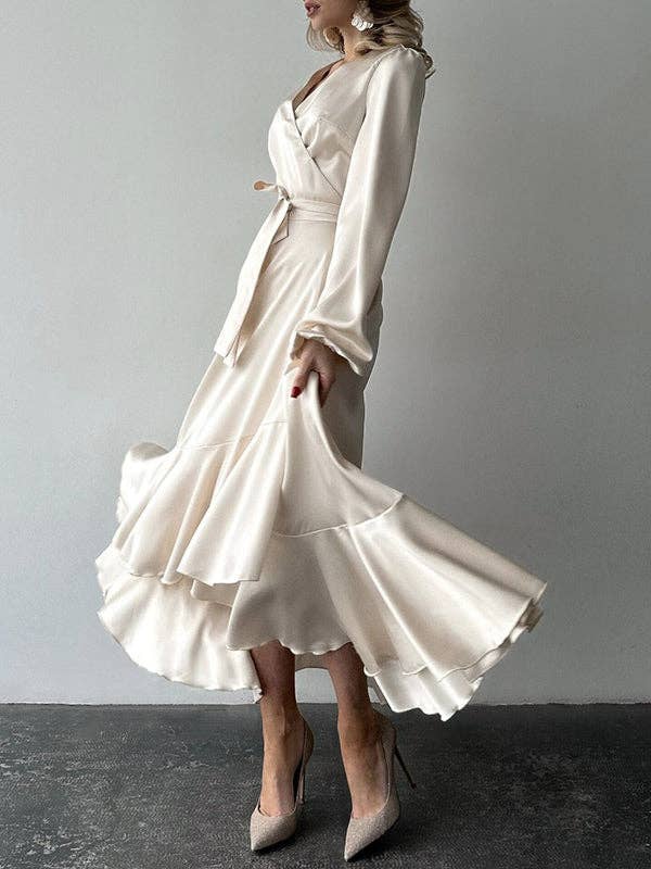 Sheer Trend - Wholesale Dress - Women's - Puff-Sleeve Asym Pleat Split-Tie V-Neck Shirt Maxi8