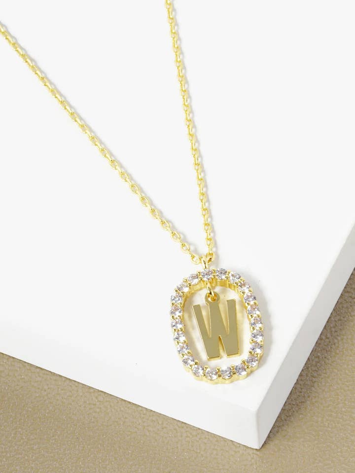 18K Gold Dipped Cz Oval Initial Drop Pendant Necklace for wholesale by Wild Honey