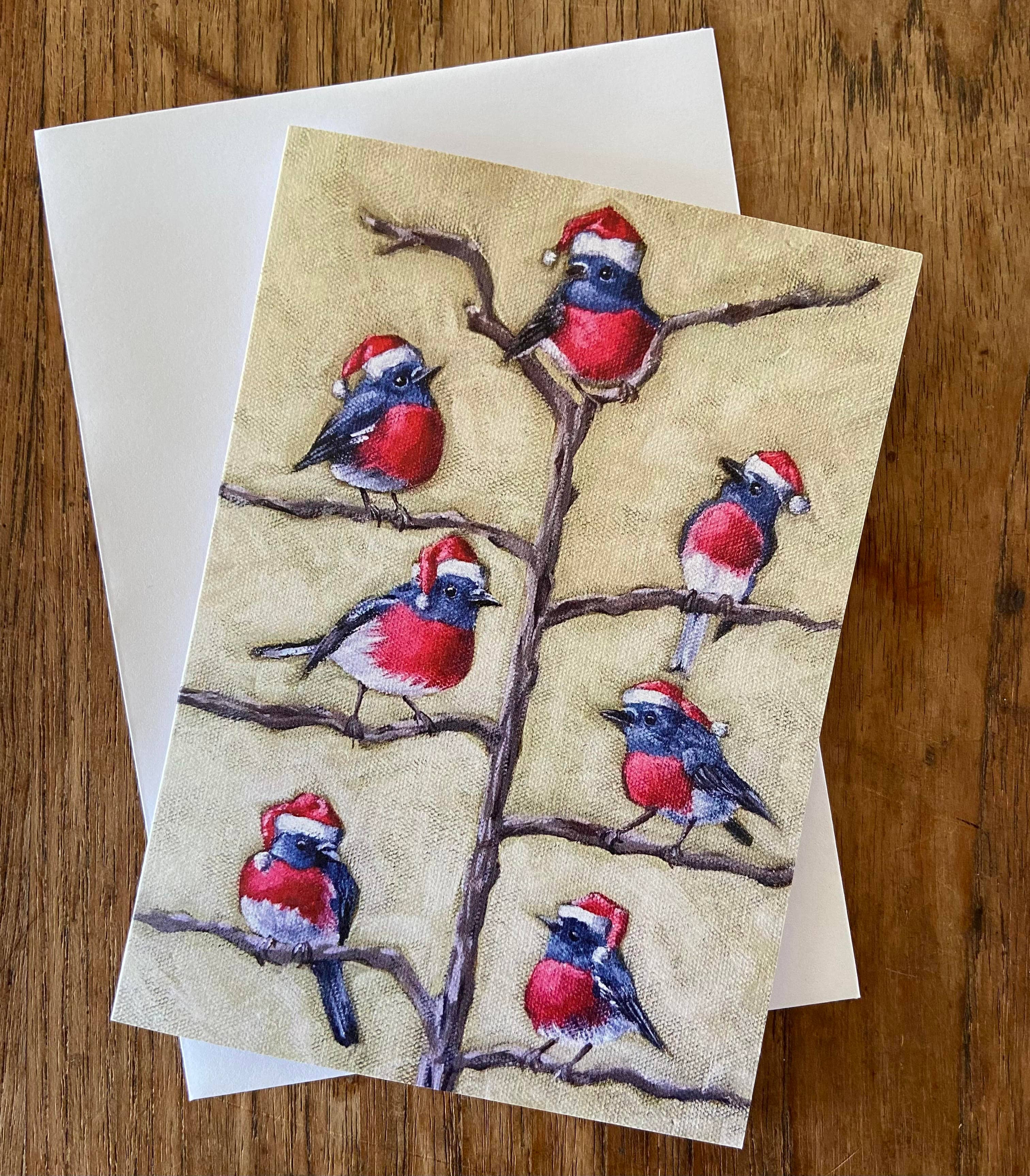 Lucinda Cotter Art - Wholesale Feestdagenkaartje - Schattige Roodborstjes Kerstgroetkaart0