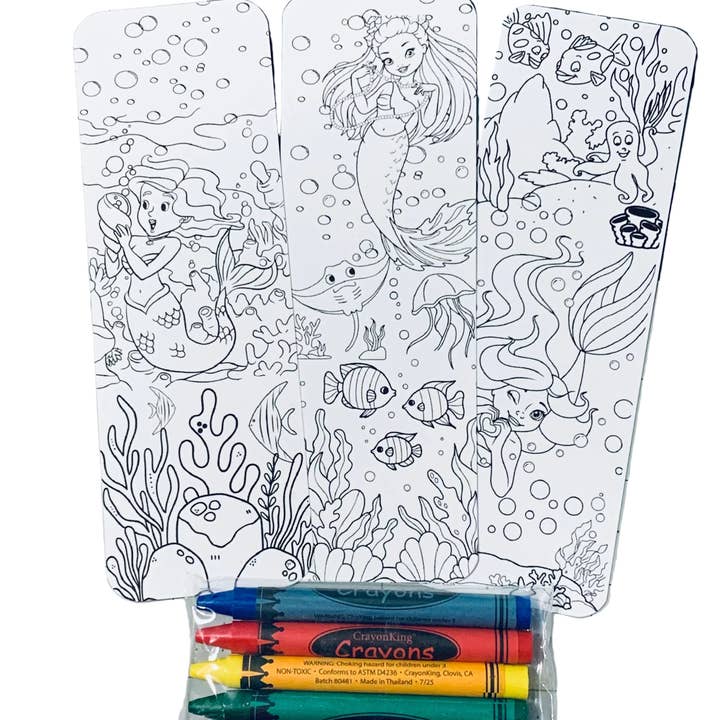 Marcadores de Livro para Colorir com Sereias e Lápis de Cera - Conjunto de 3 - Marcadores de Livro com Cantos Arredondados de 2" x 6" por atacado de Ann Gregory Designs