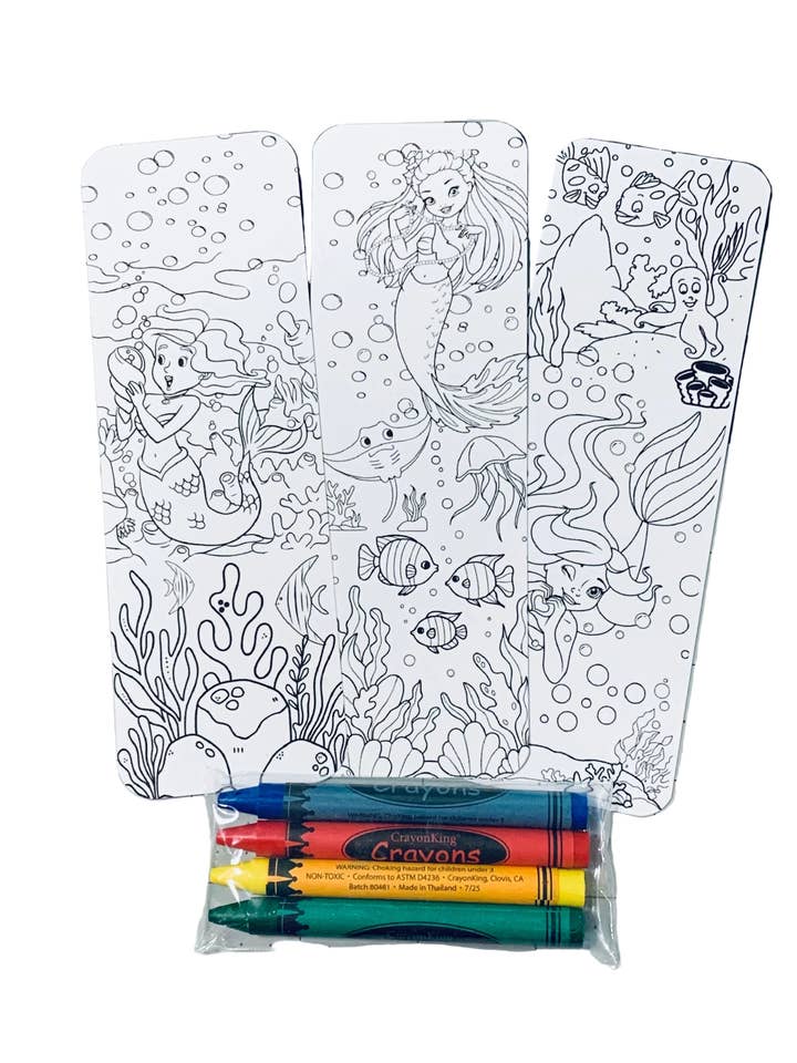 Mermaid Coloring Bookmarks with Crayons Kit - Set of 3 - 2" x 6" Rounded Corner Bookmarks for wholesale by Ann Gregory Designs