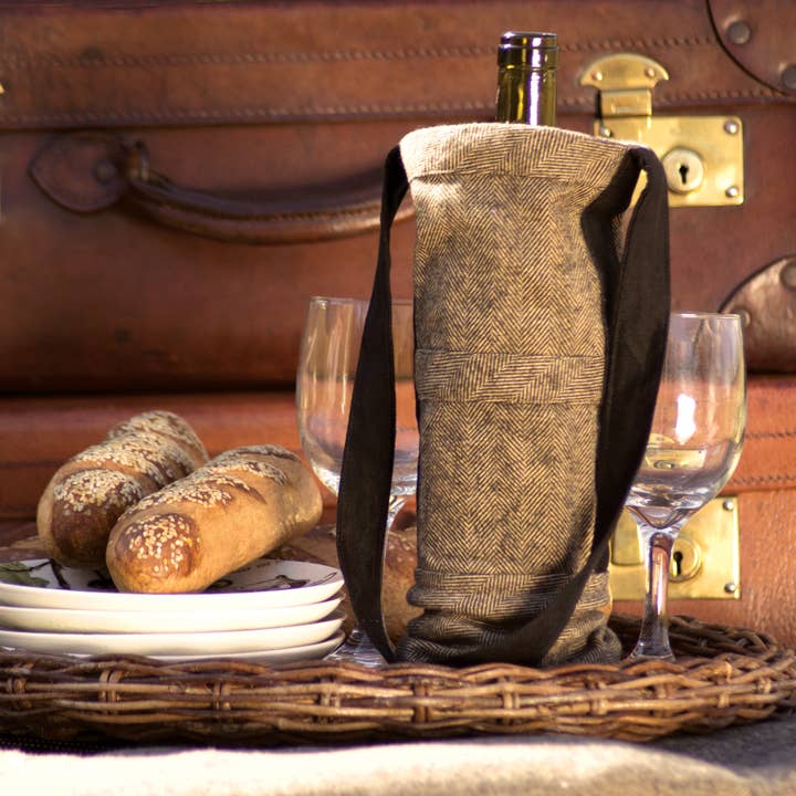 Highland 4x12 Tan Black Cotton Wine Tote Gift Bag for wholesale by Heritage Lace