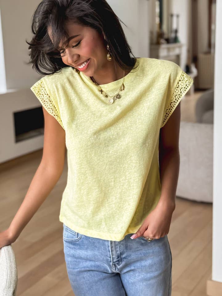 Yellow Cream Lace Patchwork Cap Sleeve Round Neck T Shirt for wholesale on Faire3