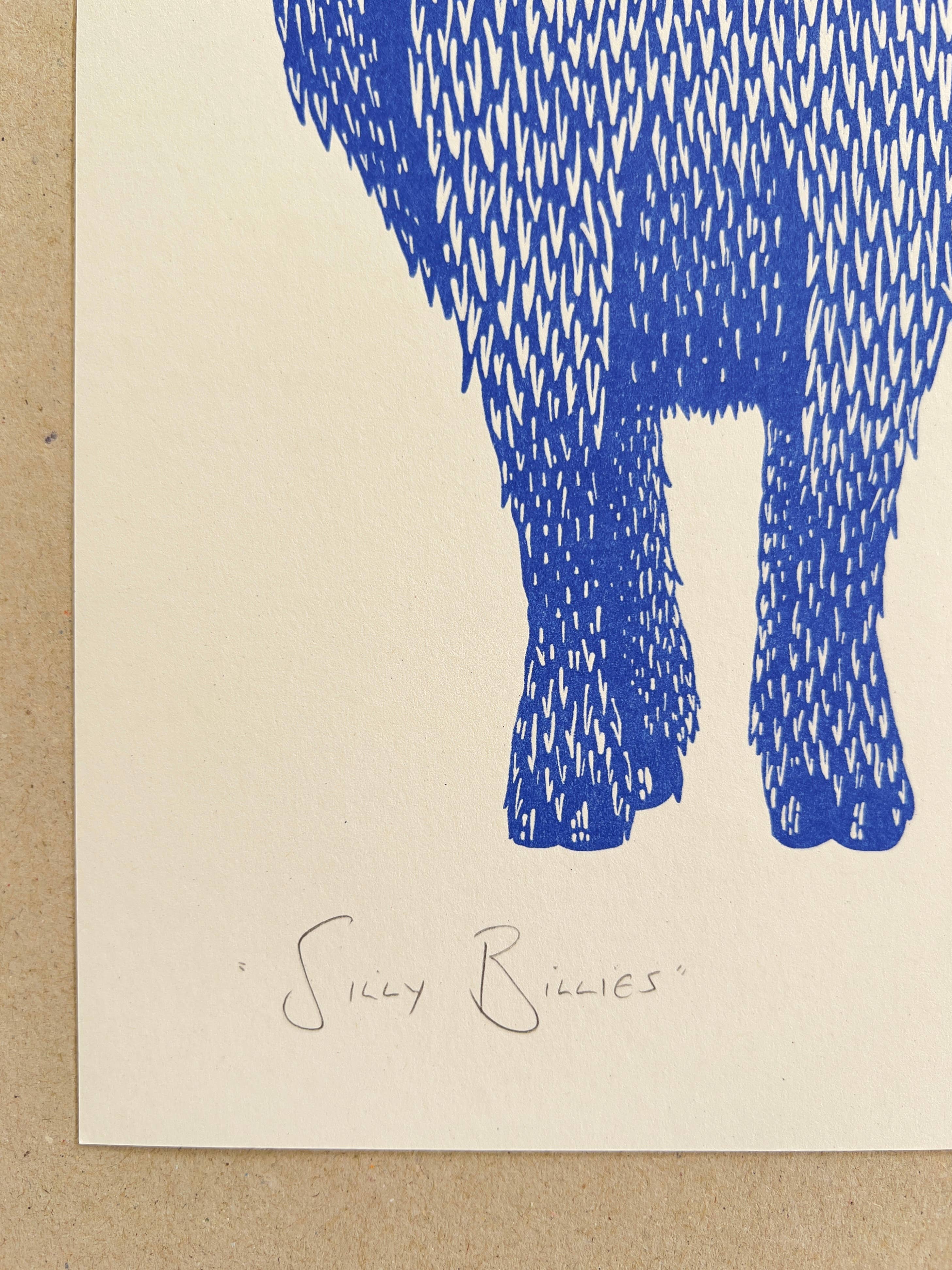 Strangford - Vente Affiche d'art - « Silly Billies » – Impression riso bleu moyen et rose fluo2