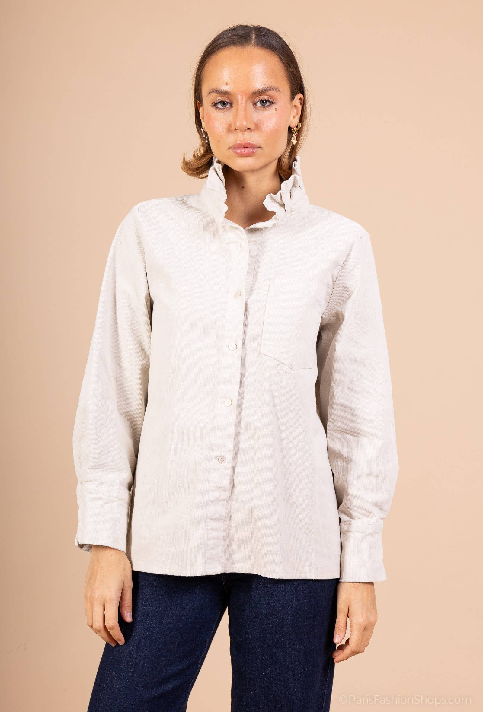 Pépouz' Paris - Wholesale Button Down Shirt - Women's - Corduroy shirt with ruffled collar PC25526