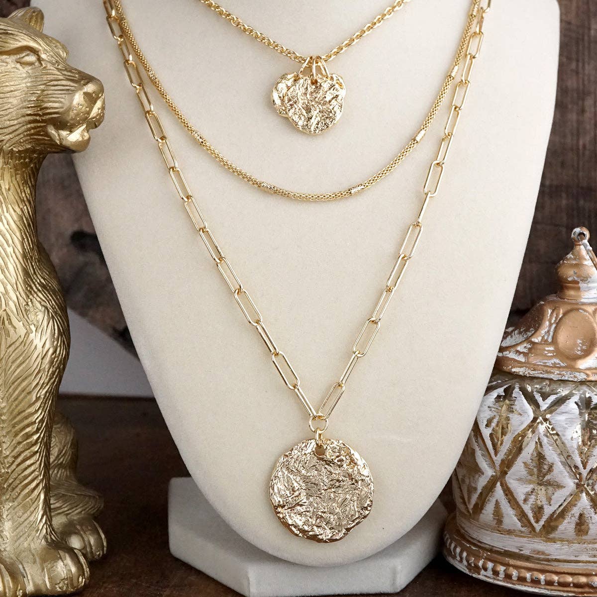 PennyLine inc - Wholesale Pendant/Charm Necklace - Treasure Trio – 3-in-1 Layered Hammered Coins Necklace7