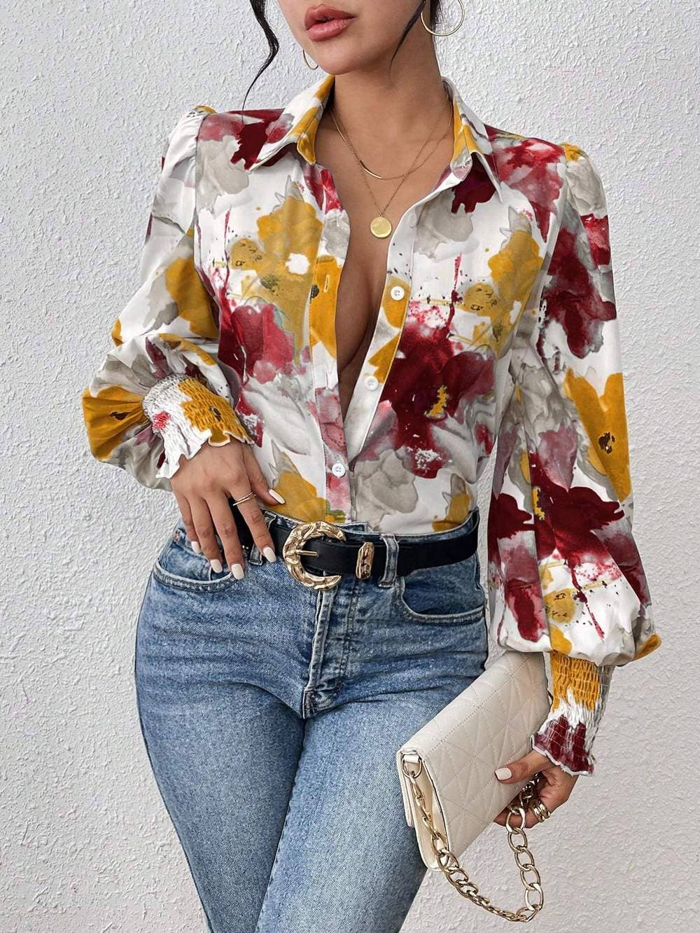Fashion Combination - Wholesale Button Down Shirt - Women's - priv floral print lantern sleeve shirt41